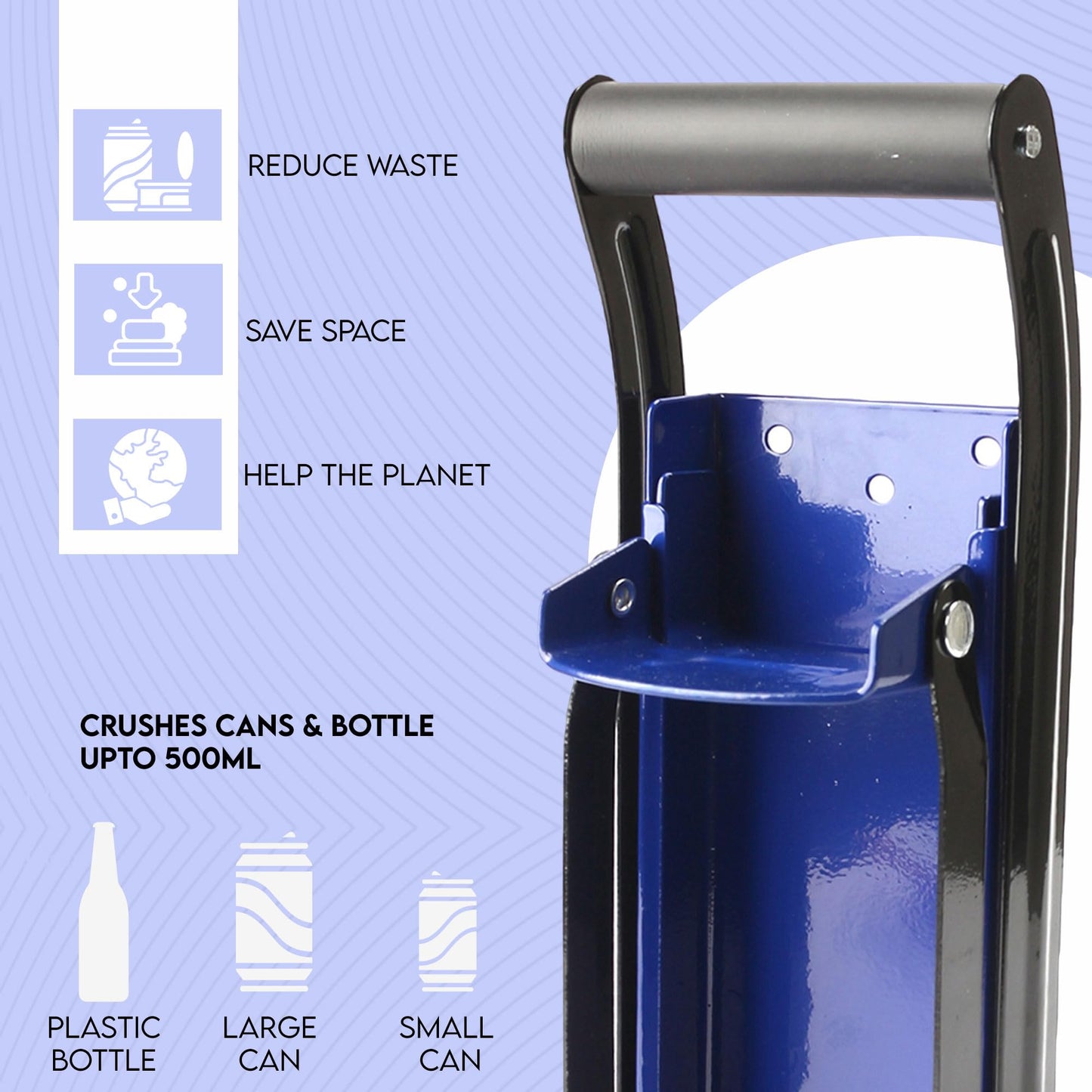 LKH Can Crusher & Bottle Opener - Soda Beer Can Crushers for Recycling, Wall Mounted with Soft Grip Handle, Built-in Tin Opener 2-in-1 Heavy Duty Tool for Bottles, Tins & More (Blue)