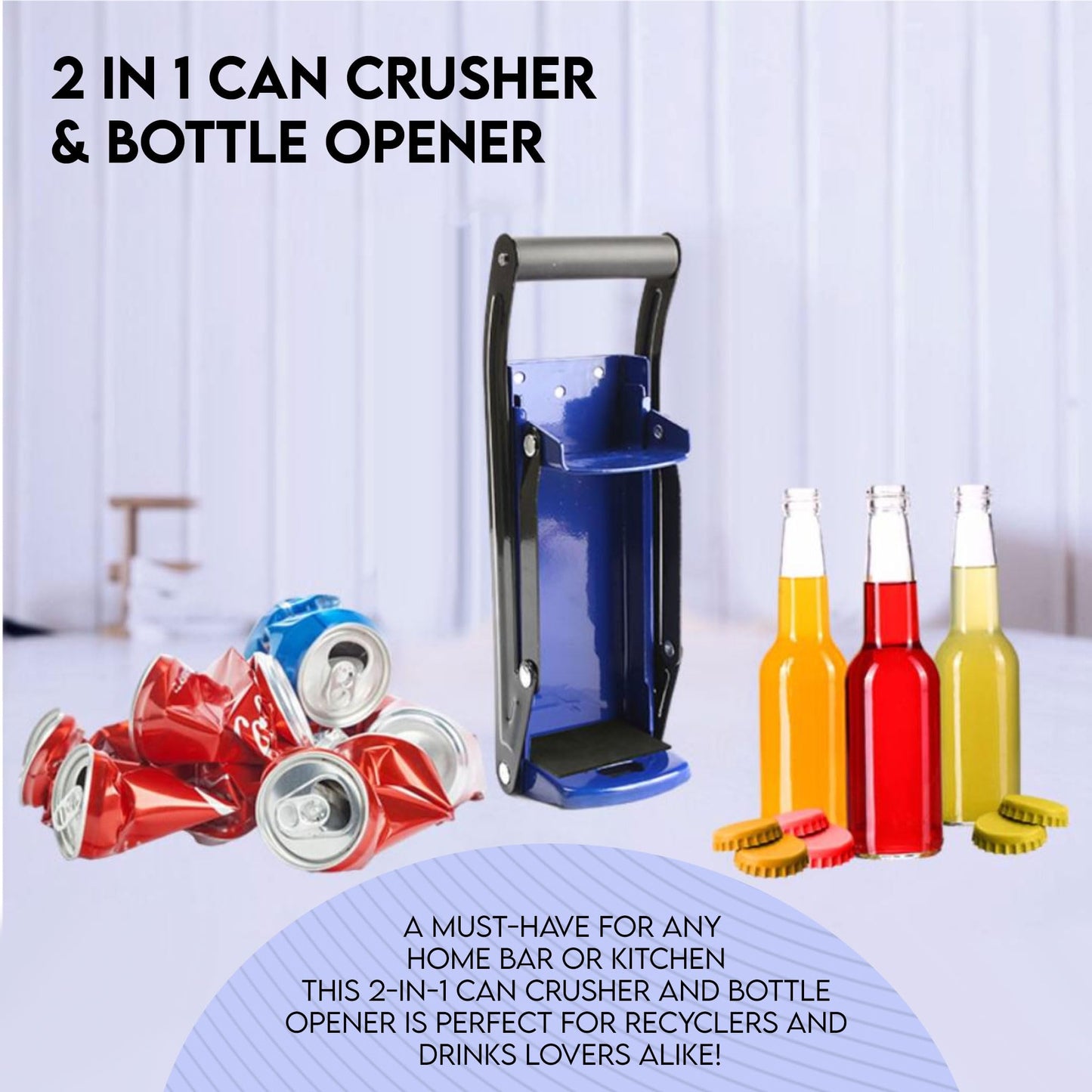 LKH Can Crusher & Bottle Opener - Soda Beer Can Crushers for Recycling, Wall Mounted with Soft Grip Handle, Built-in Tin Opener 2-in-1 Heavy Duty Tool for Bottles, Tins & More (Blue)