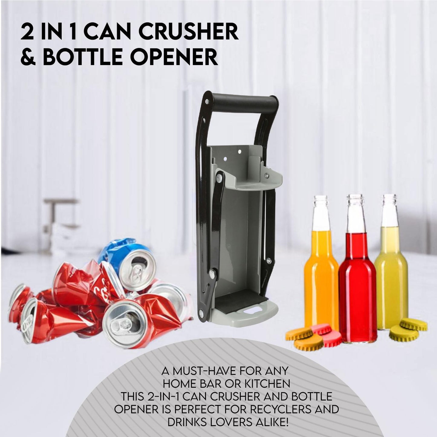 LKH Can Crusher & Bottle Opener - Soda Beer Can Crushers for Recycling, Wall Mounted with Soft Grip Handle, Built-in Tin Opener 2-in-1 Heavy Duty Tool for Bottles, Tins & More (Blue)