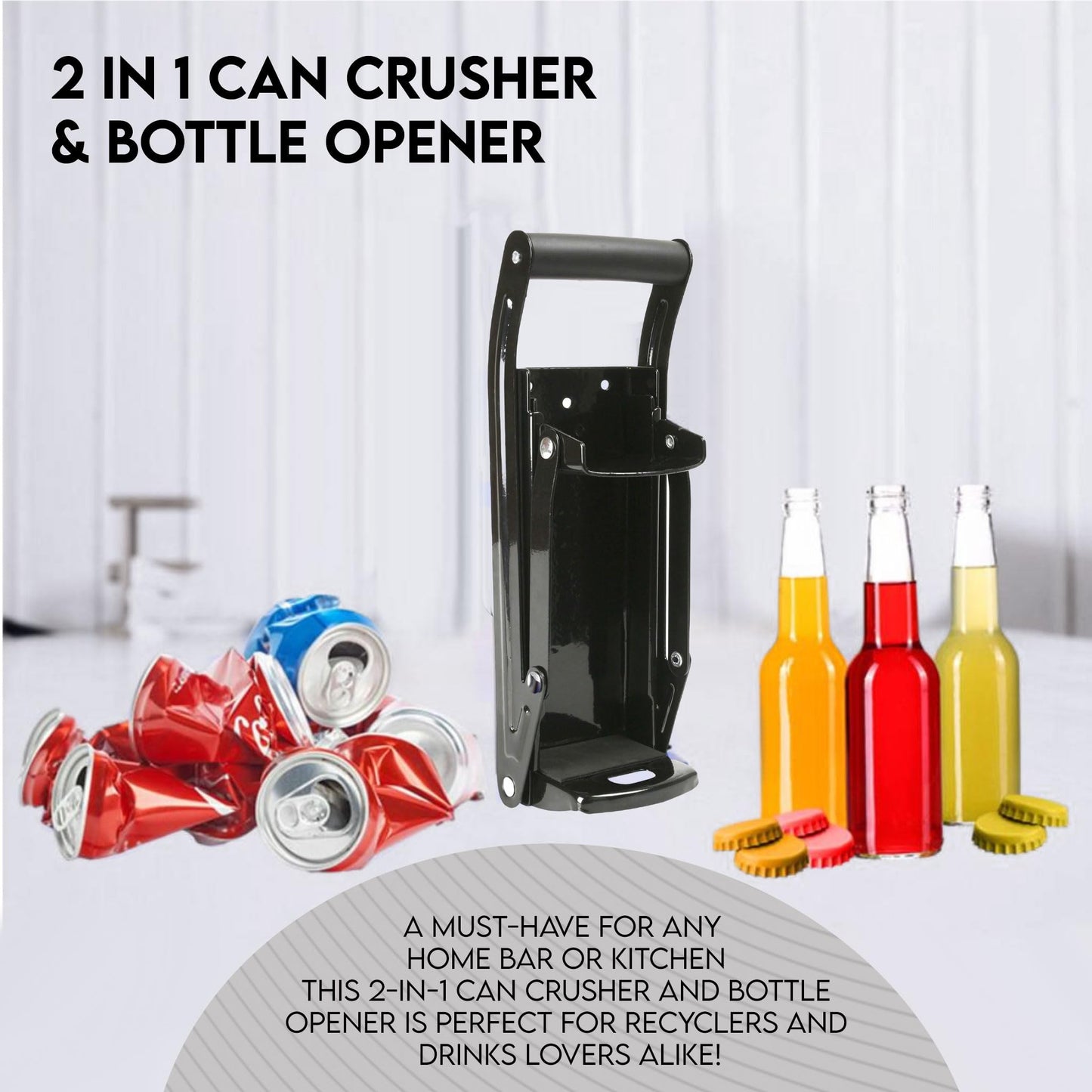 LKH Can Crusher & Bottle Opener - Soda Beer Can Crushers for Recycling, Wall Mounted with Soft Grip Handle, Built-in Tin Opener 2-in-1 Heavy Duty Tool for Bottles, Tins & More (Blue)