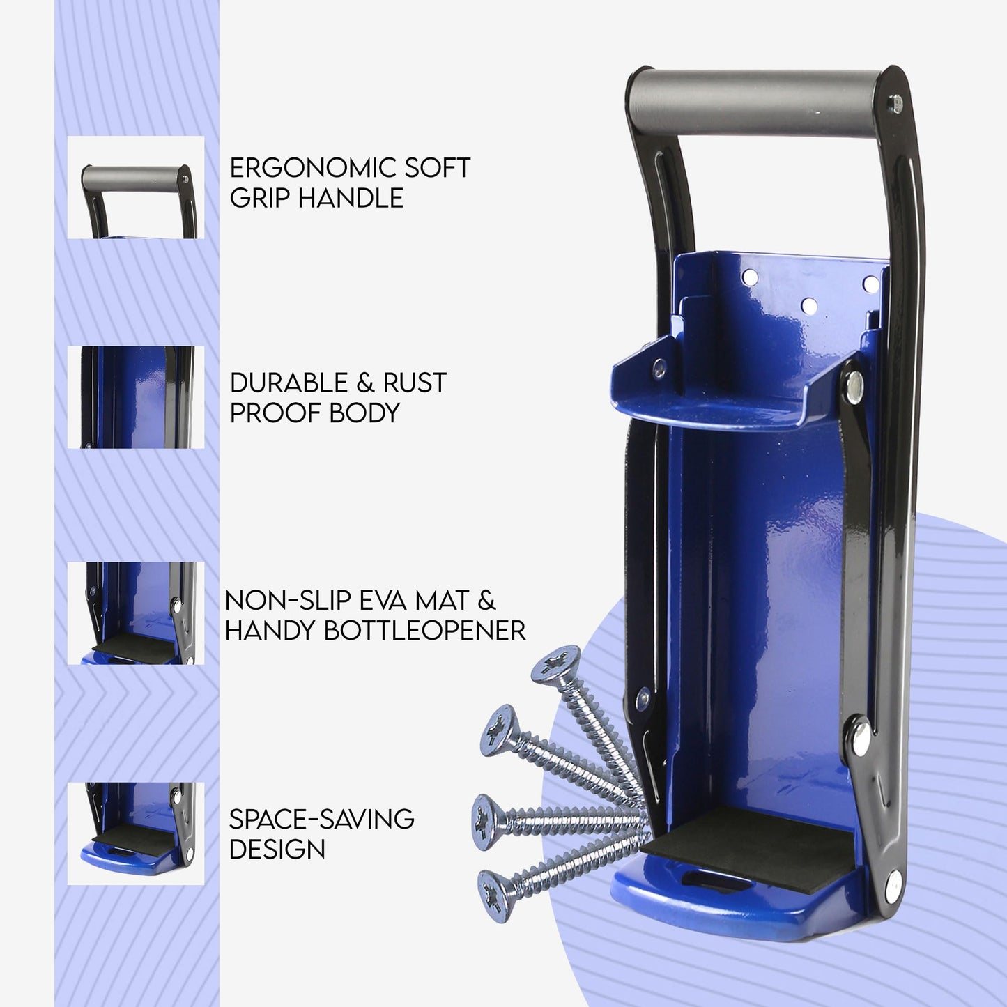 LKH Can Crusher & Bottle Opener - Soda Beer Can Crushers for Recycling, Wall Mounted with Soft Grip Handle, Built-in Tin Opener 2-in-1 Heavy Duty Tool for Bottles, Tins & More (Blue)