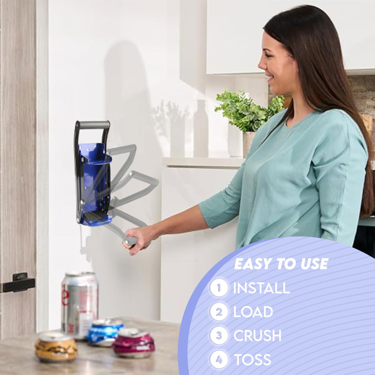 LKH Can Crusher & Bottle Opener - Soda Beer Can Crushers for Recycling, Wall Mounted with Soft Grip Handle, Built-in Tin Opener 2-in-1 Heavy Duty Tool for Bottles, Tins & More (Blue)