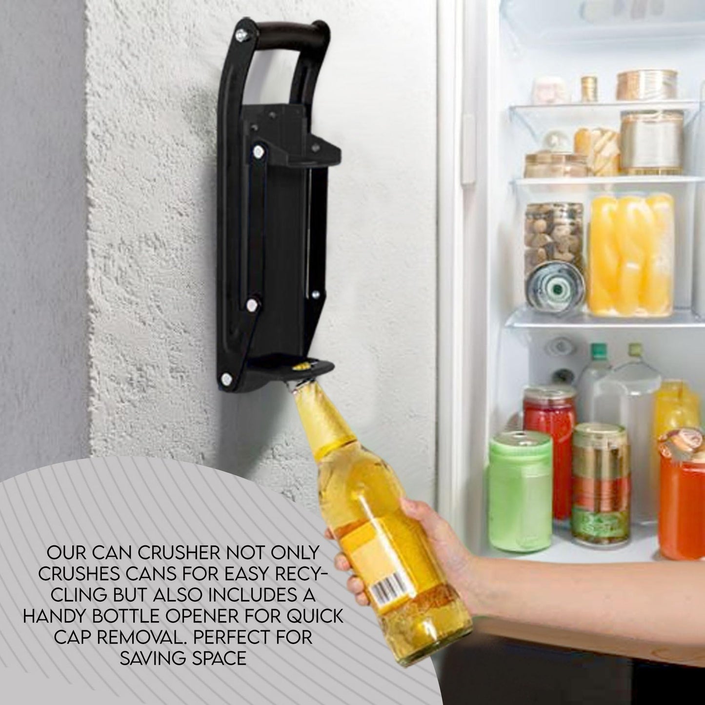 LKH Can Crusher & Bottle Opener - Soda Beer Can Crushers for Recycling, Wall Mounted with Soft Grip Handle, Built-in Tin Opener 2-in-1 Heavy Duty Tool for Bottles, Tins & More (Blue)