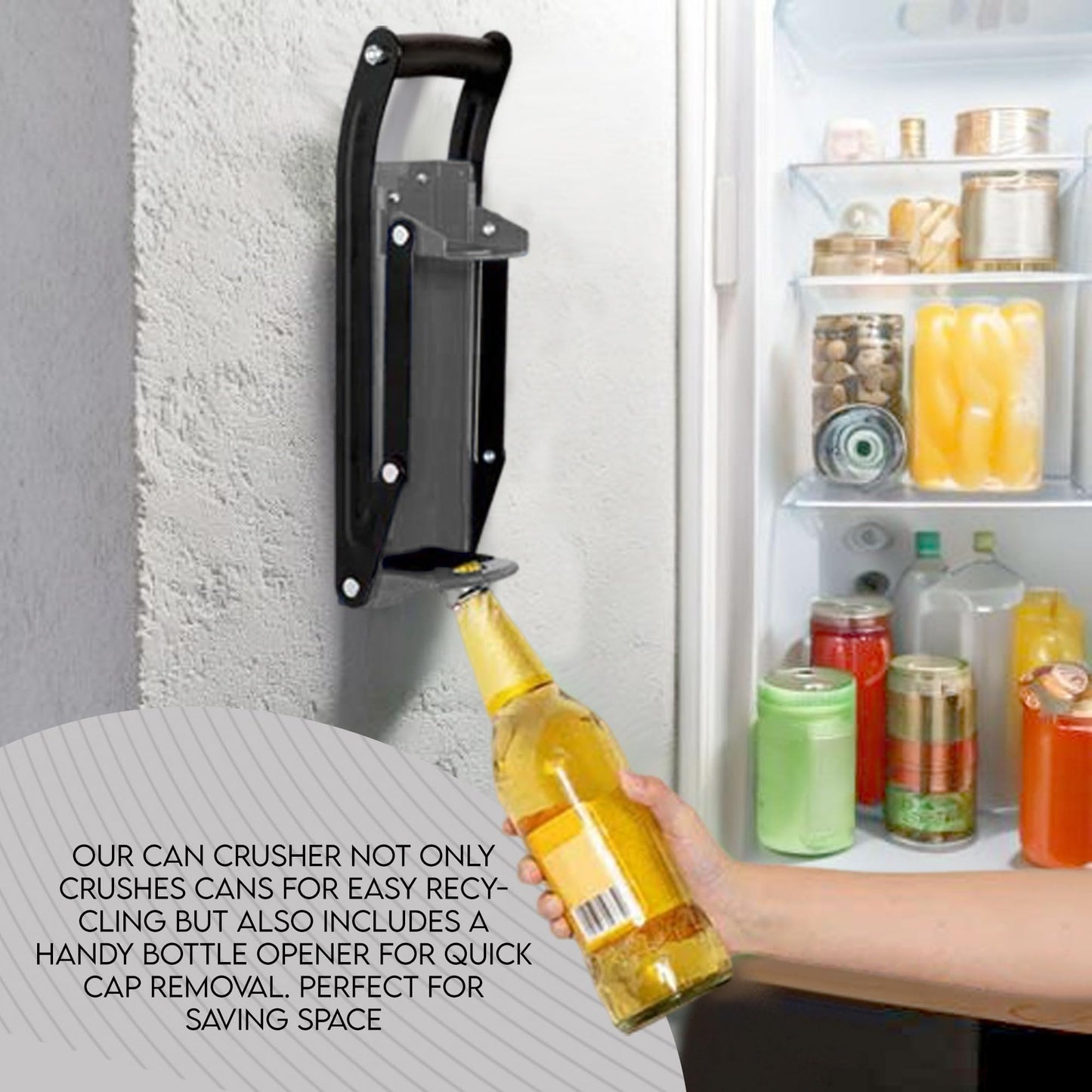 LKH Can Crusher & Bottle Opener - Soda Beer Can Crushers for Recycling, Wall Mounted with Soft Grip Handle, Built-in Tin Opener 2-in-1 Heavy Duty Tool for Bottles, Tins & More (Blue)