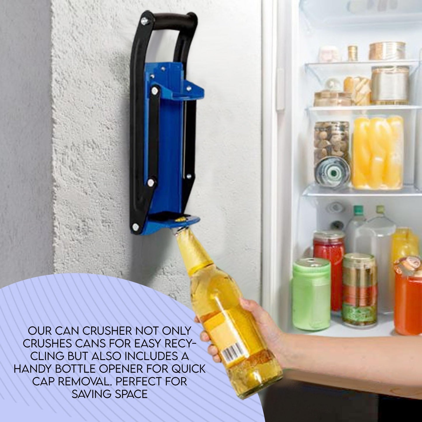 LKH Can Crusher & Bottle Opener - Soda Beer Can Crushers for Recycling, Wall Mounted with Soft Grip Handle, Built-in Tin Opener 2-in-1 Heavy Duty Tool for Bottles, Tins & More (Blue)
