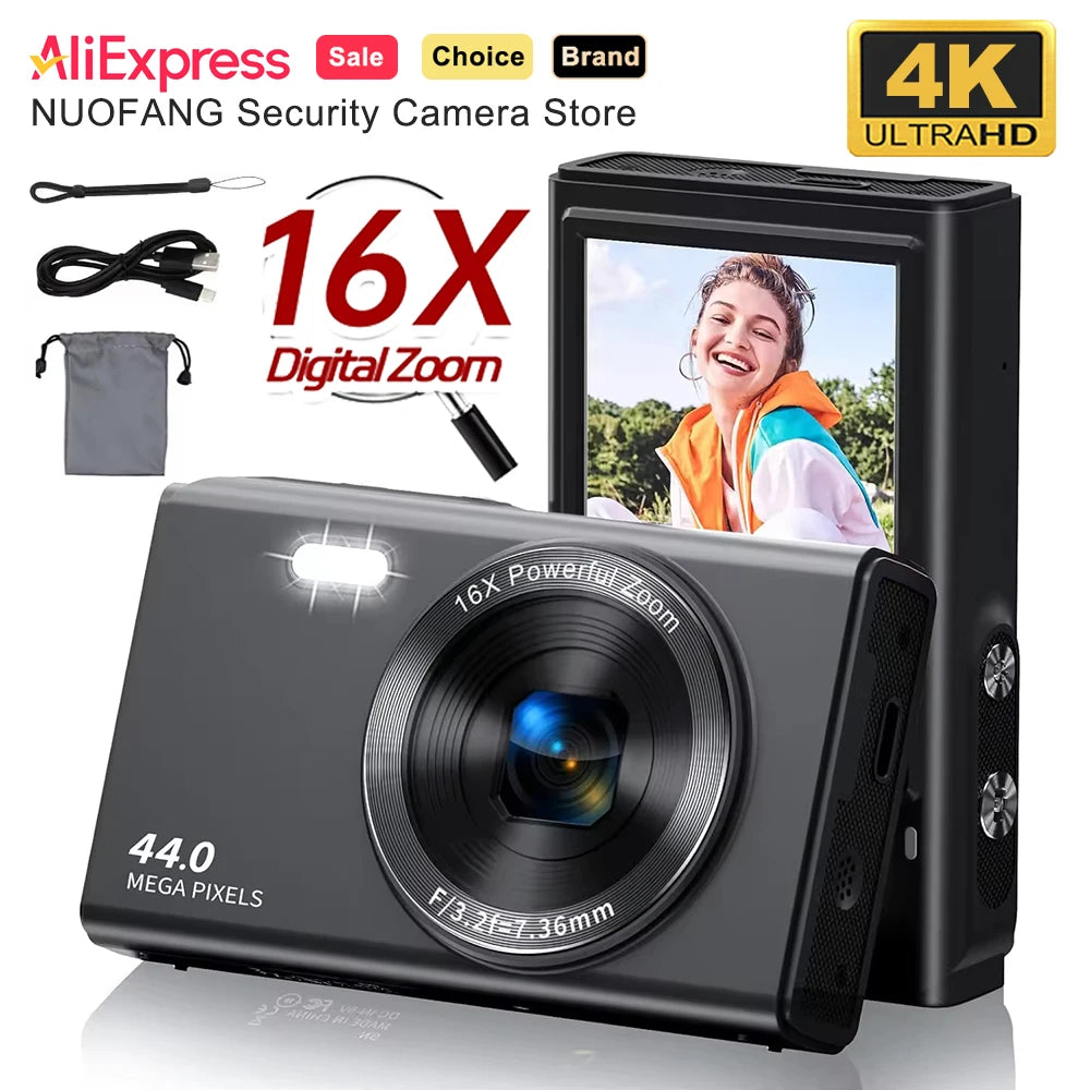 4K Kids Digital Camera – 44MP, 16x Zoom, Beginner-Friendly