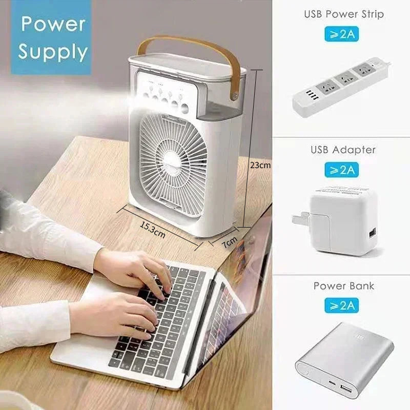 3-in-1 Mini Air Cooler Fan – Portable Humidifier & LED Night Light